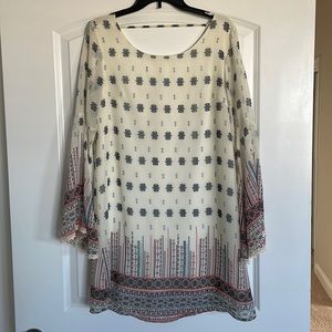 White midi dress with colorful design along with bell sleeves, size medium
